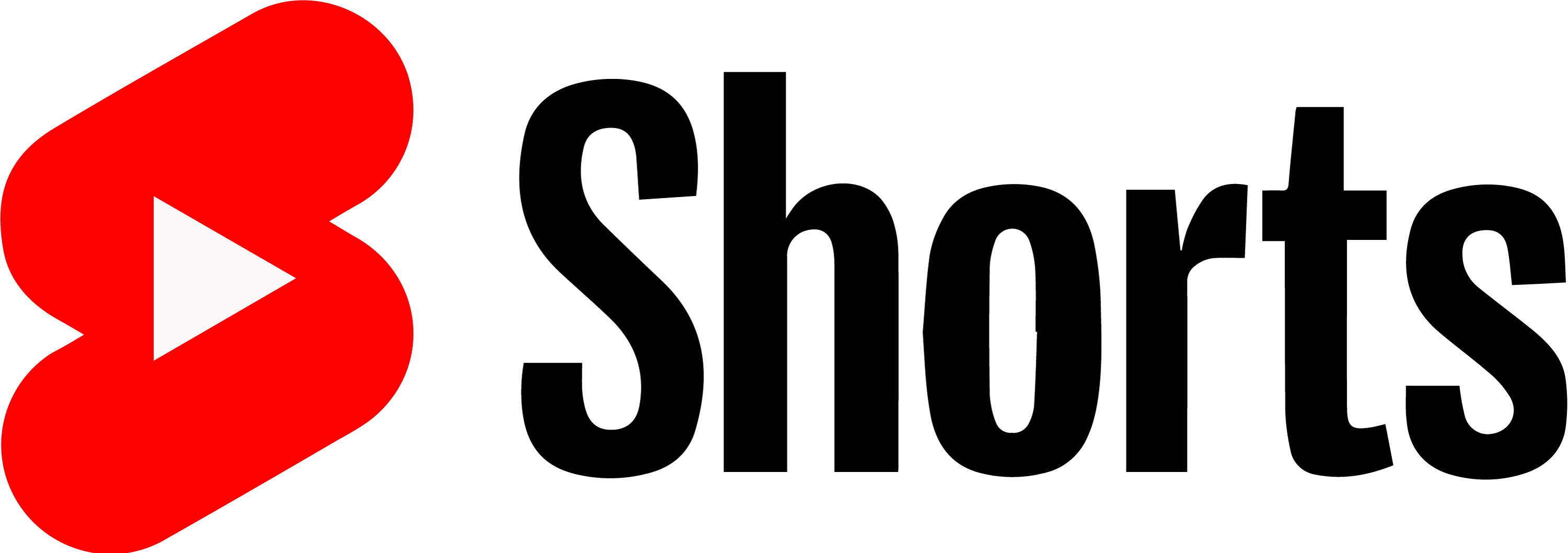 A red abstract youtube shorts icon with a white play triangle on the middle with shorts text next to the icon on transparent background